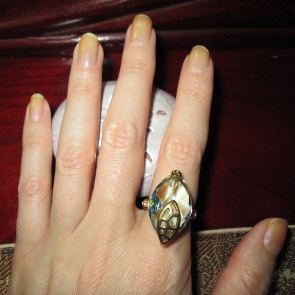 Large Sky Blue Marquise CZ Cocktail ring with Leaf Detail - Picture 8 of 9